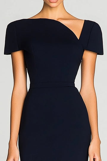 Black Short Sleeves Bodycon Satin Midi Work Dress